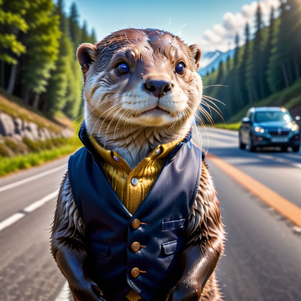 Picture of a otter in a vest on the road