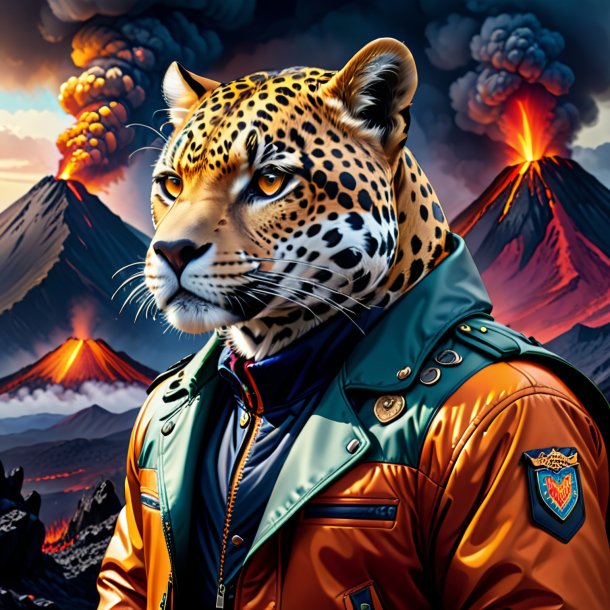 Drawing of a jaguar in a jacket in the volcano