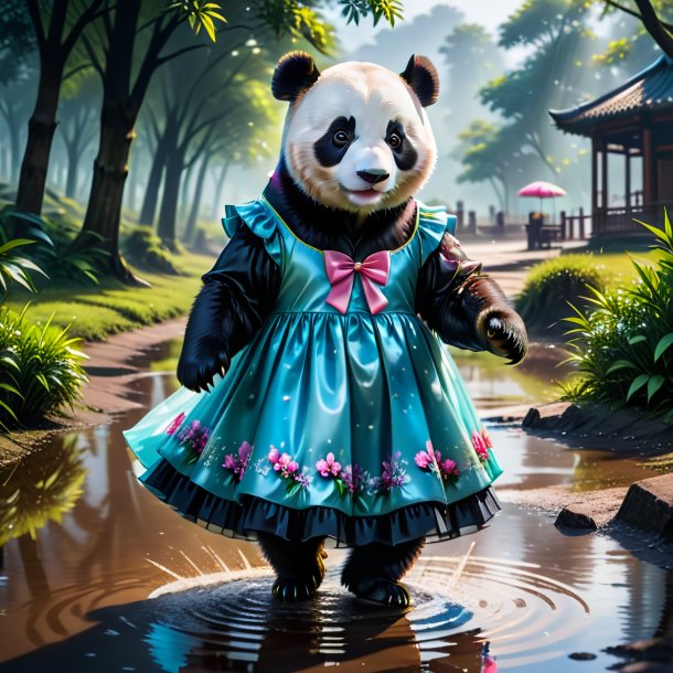 Image of a giant panda in a dress in the puddle