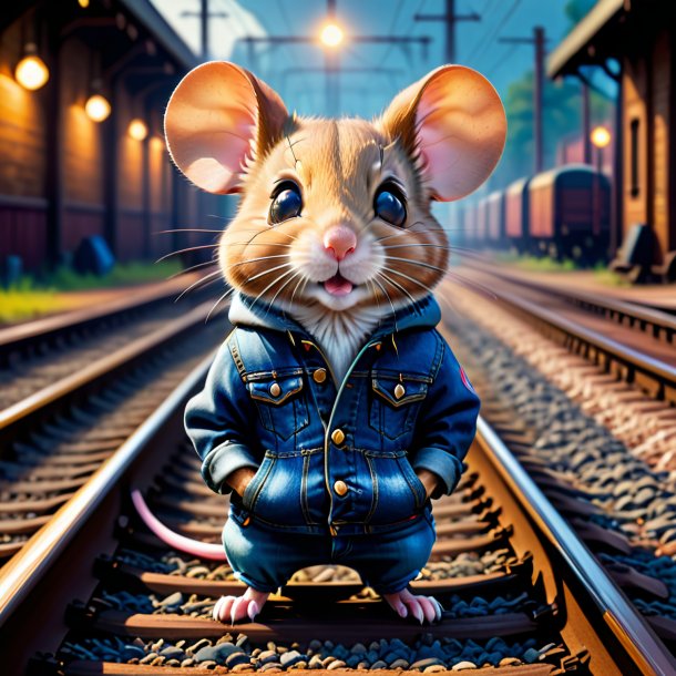 Picture of a mouse in a jeans on the railway tracks