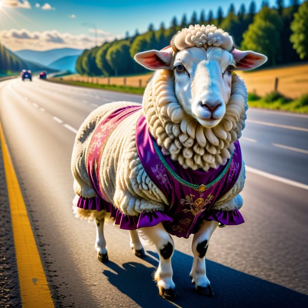 Pic of a sheep in a dress on the highway