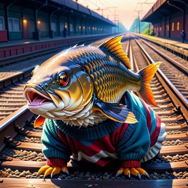 Drawing of a carp in a sweater on the railway tracks