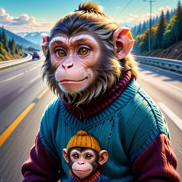 Drawing of a monkey in a sweater on the highway