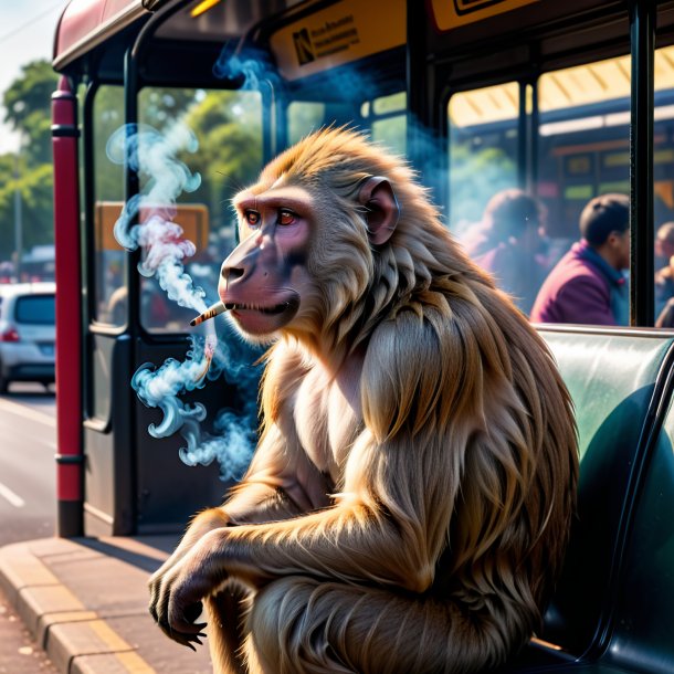 Foto de um fumo de um babuíno na parada de ônibus