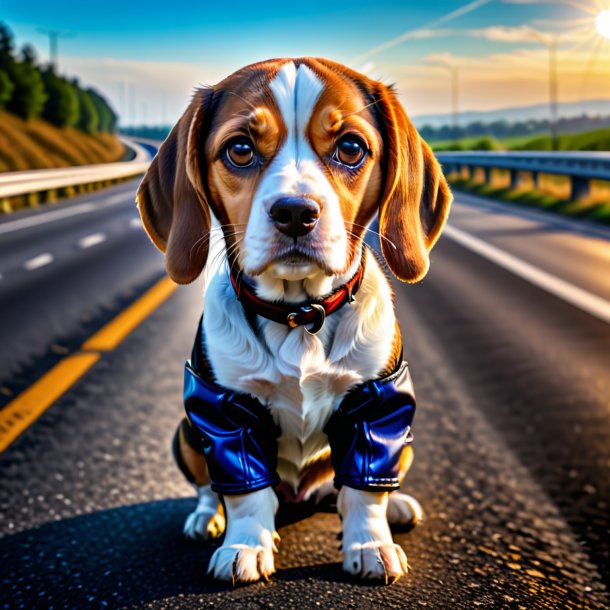 Foto de un beagle en guantes en la carretera