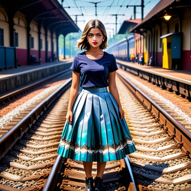 Photo of a sardines in a skirt on the railway tracks