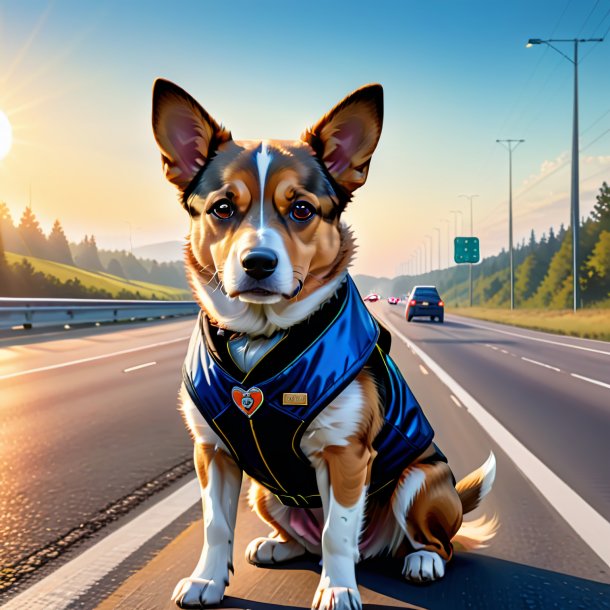 Illustration of a dog in a vest on the highway