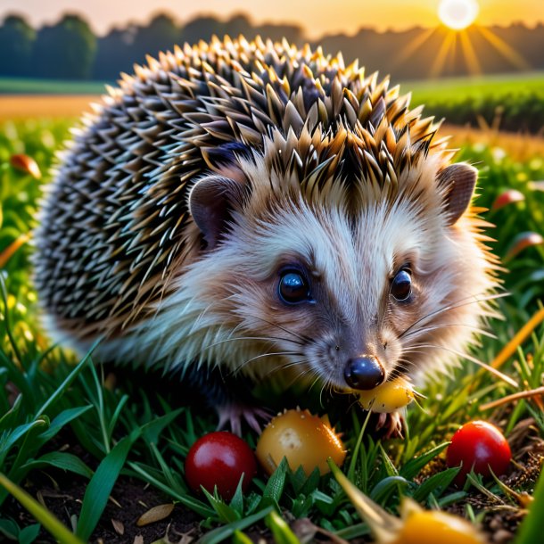 Photo of a eating of a hedgehog on the field