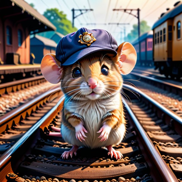 Picture of a mouse in a cap on the railway tracks