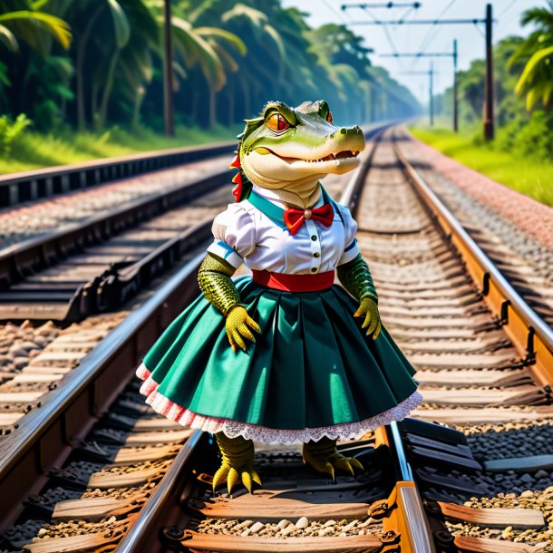 Pic of a alligator in a skirt on the railway tracks