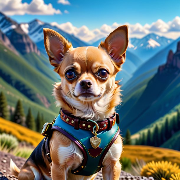 Picture of a chihuahua in a belt in the mountains