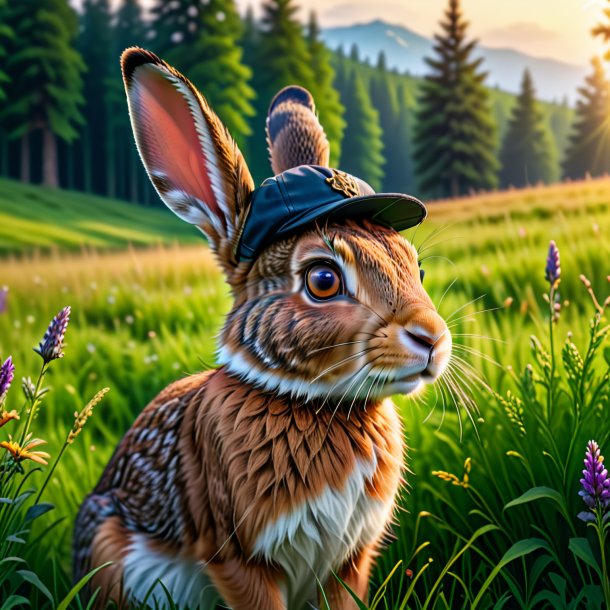 Pic of a hare in a cap in the meadow