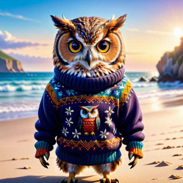 Pic of a owl in a sweater on the beach