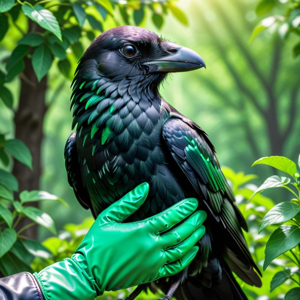 Foto de un cuervo en guantes verdes