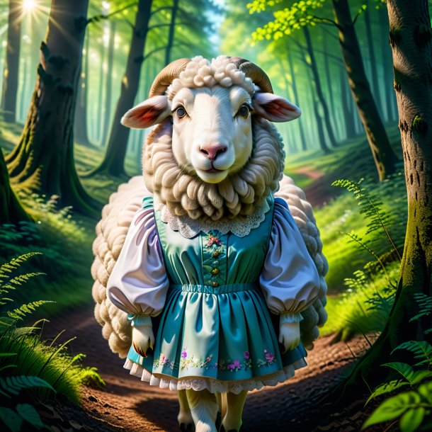 Photo of a sheep in a dress in the forest