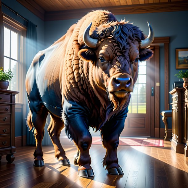 Picture of a bison in a jeans in the house