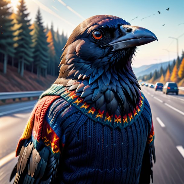 Illustration of a crow in a sweater on the highway