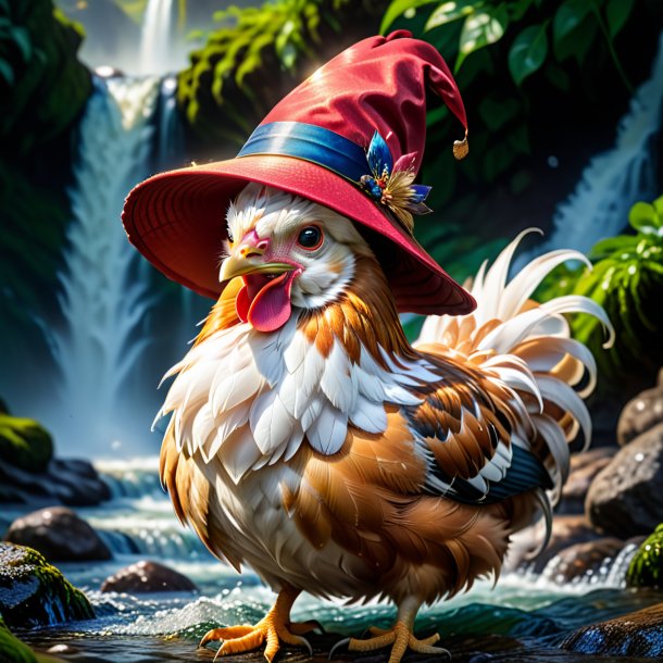 Image of a hen in a hat in the waterfall