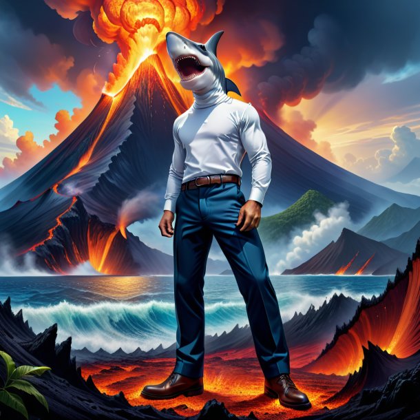 Drawing of a hammerhead shark in a trousers in the volcano