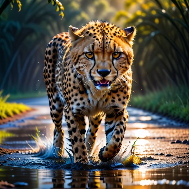 Photo of a angry of a cheetah in the puddle