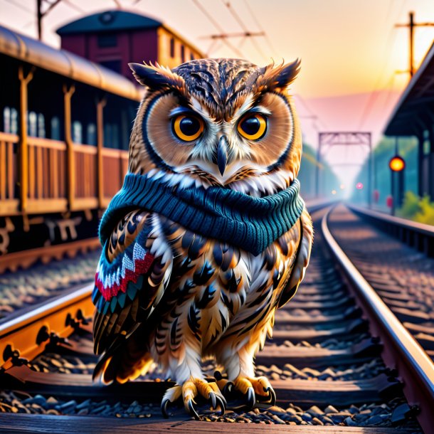 Pic of a owl in a sweater on the railway tracks