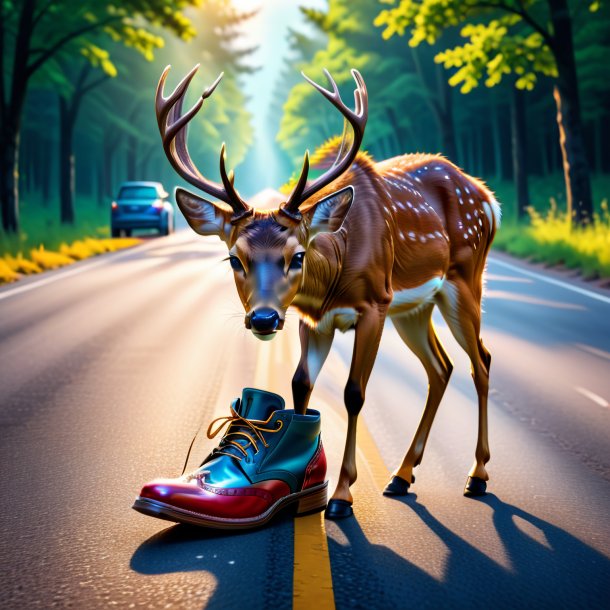 Image of a deer in a shoes on the road