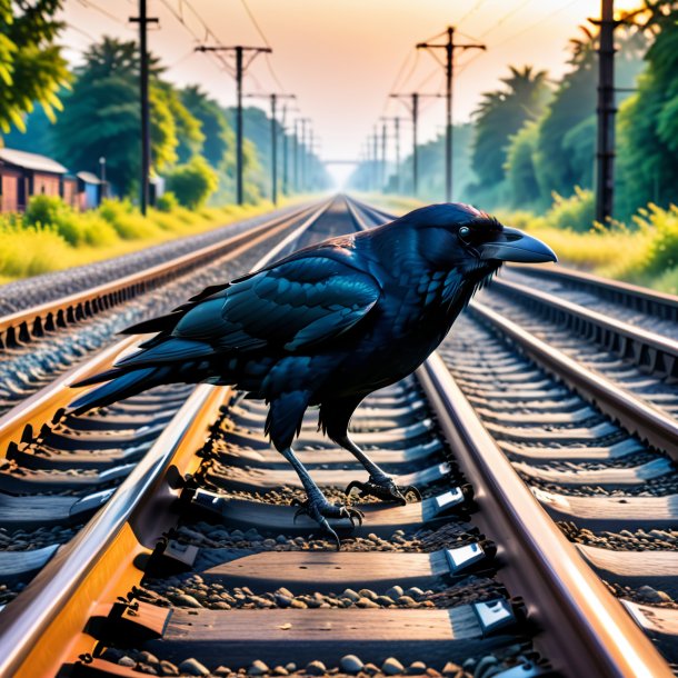 Imagem de uma natação de um corvo nos trilhos ferroviários