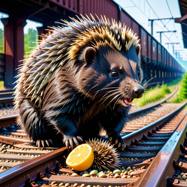 Imagem de um comer de um porco-espinho nos trilhos ferroviários