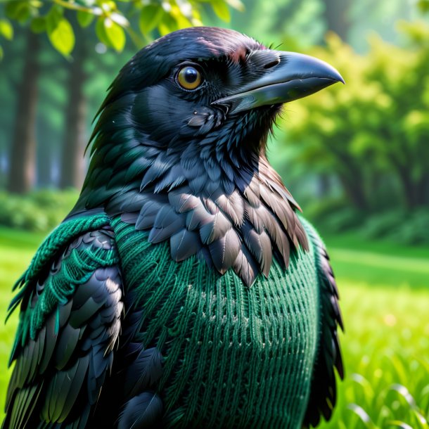 Image of a crow in a green sweater