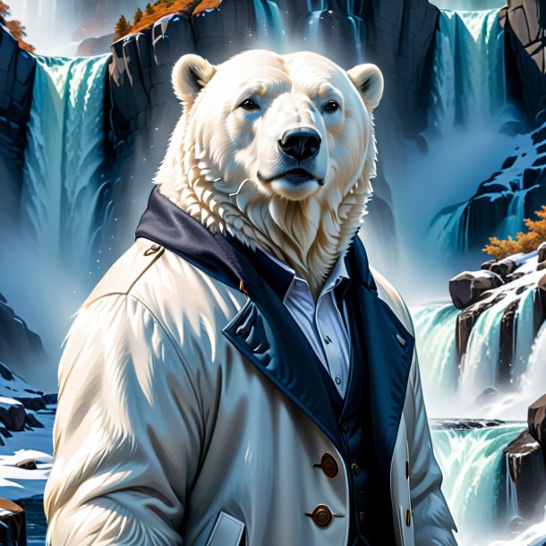 Illustration of a polar bear in a coat in the waterfall