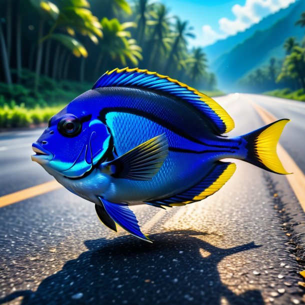 Pic of a blue tang in a jeans on the road