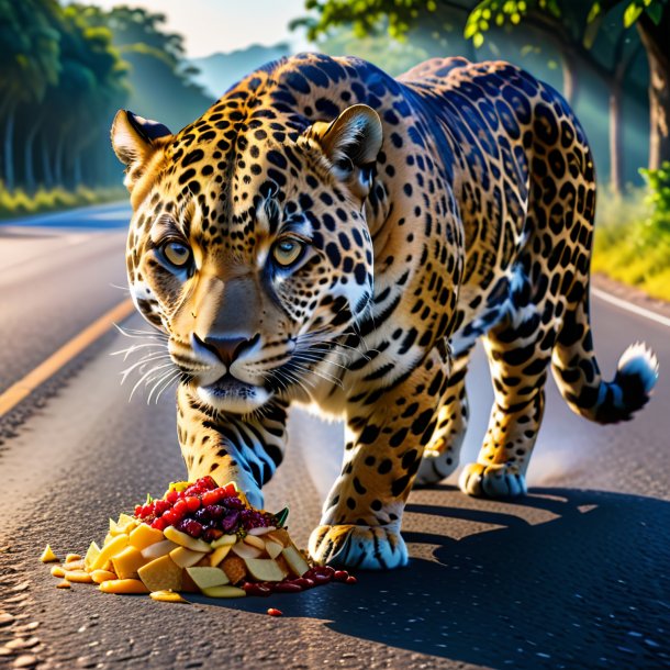 Photo d'un repas d'un jaguar sur la route