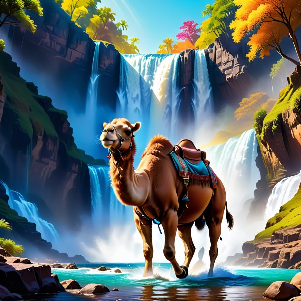 Illustration of a camel in a belt in the waterfall