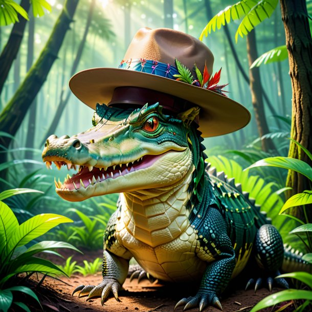 Imagem de um crocodilo em um chapéu na floresta