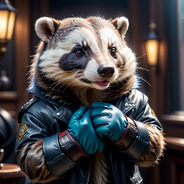 Picture of a badger in a gray gloves