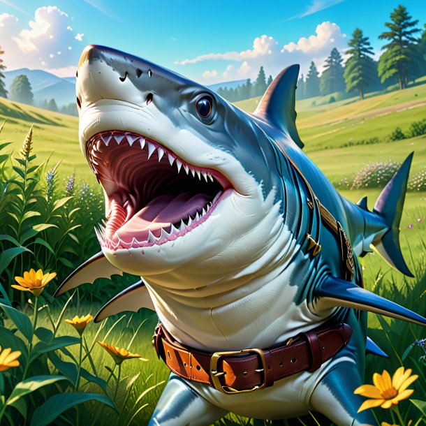 Illustration of a shark in a belt in the meadow