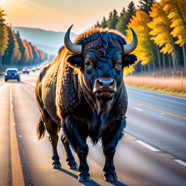 Pic of a buffalo in a vest on the highway