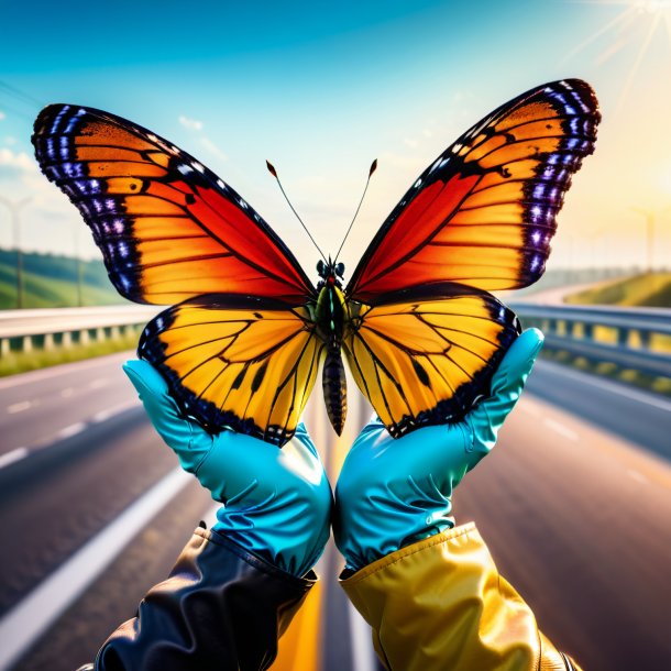 Imagen de una mariposa en guantes en la carretera