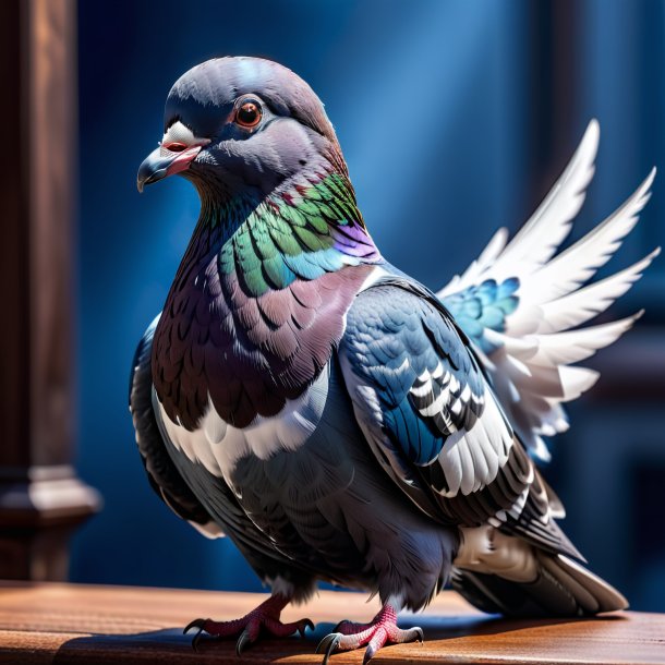 Photo of a pigeon in a blue coat