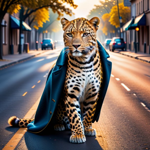 Photo of a leopard in a coat on the road