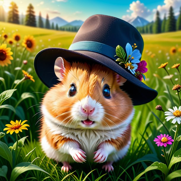 Illustration of a hamster in a hat in the meadow