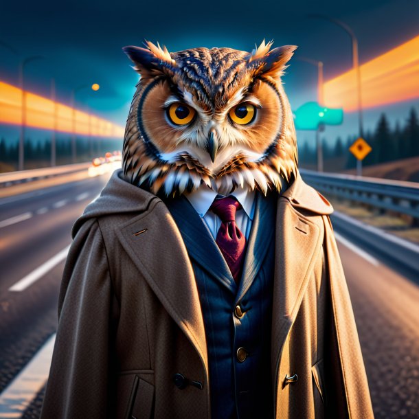 Photo of a owl in a coat on the highway