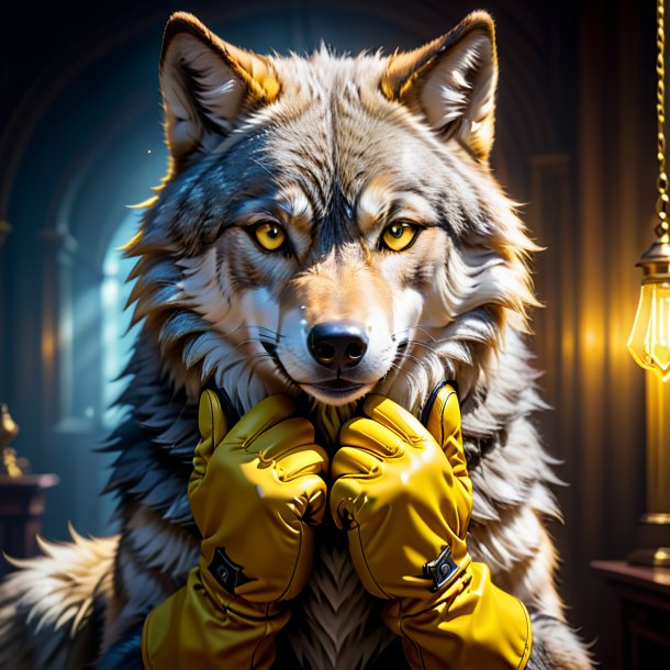 Photo of a wolf in a yellow gloves