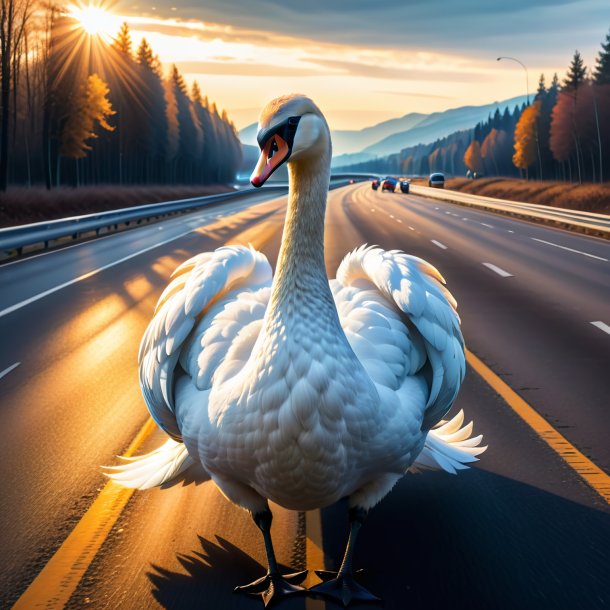 Drawing of a swan in a coat on the highway