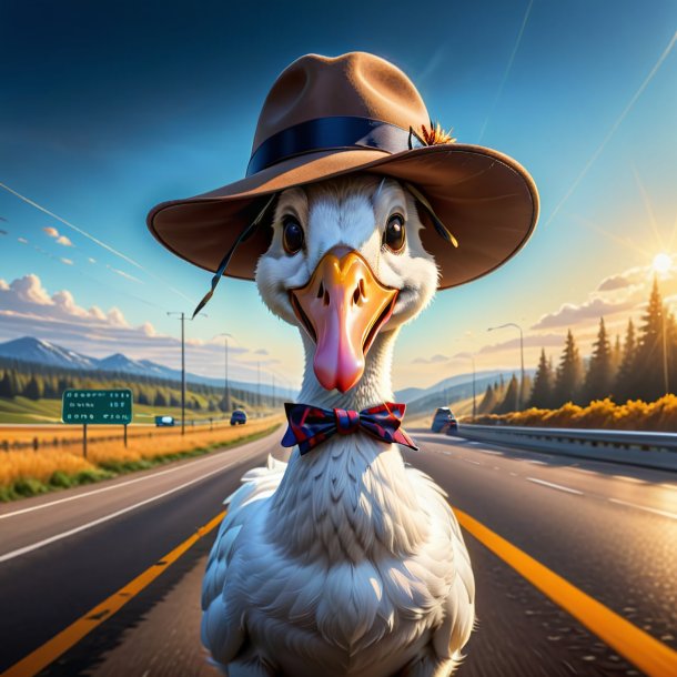 Drawing of a goose in a hat on the highway