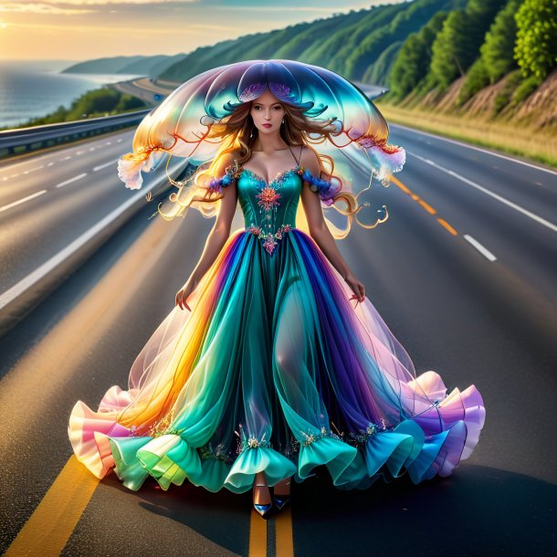 Foto de una medusa en un vestido en la carretera