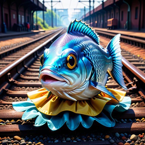 Image of a fish in a gloves on the railway tracks