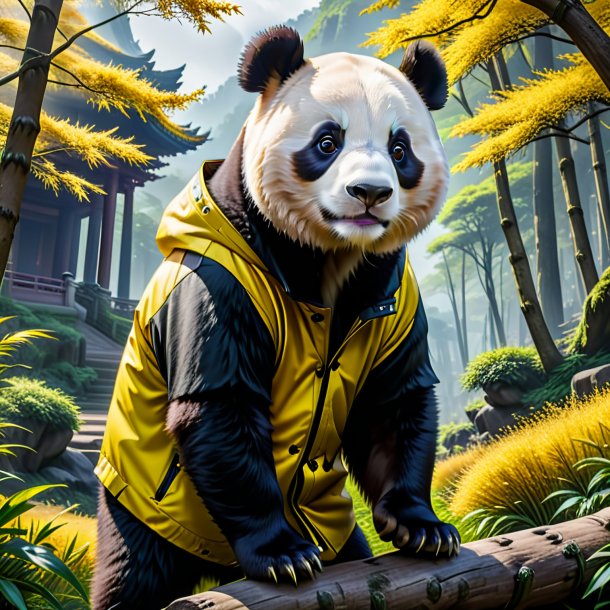 Foto de um panda gigante em um casaco amarelo