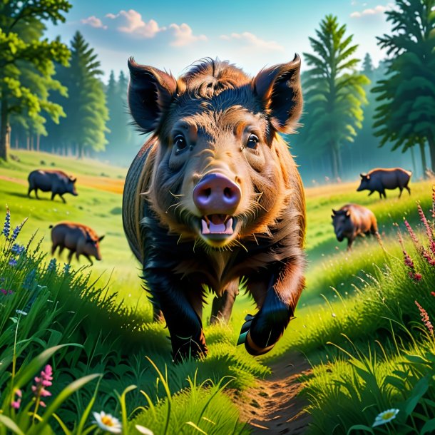 Photo of a playing of a boar in the meadow