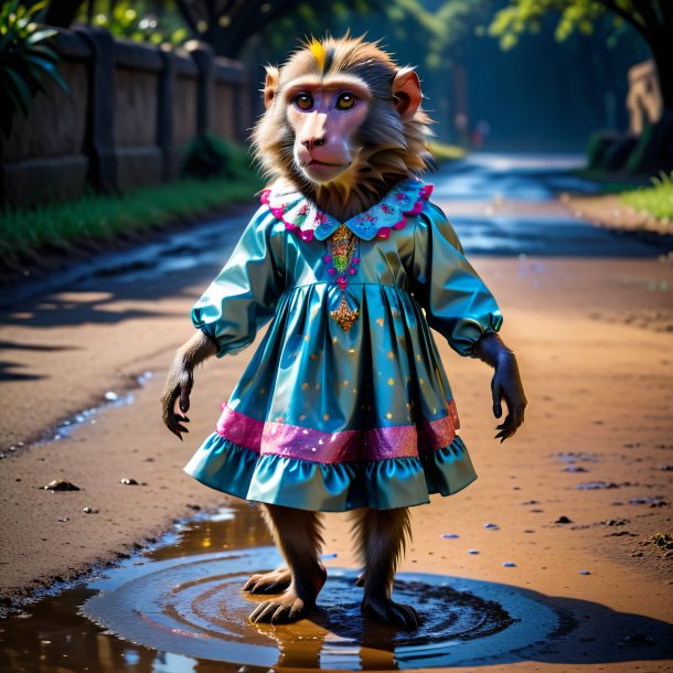 Pic of a baboon in a dress in the puddle